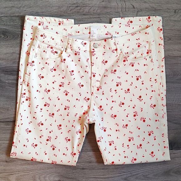 H&M Size 14 Red Floral Print Slim Leg Twill Stretch Pants‎ - Picture 5 of 11